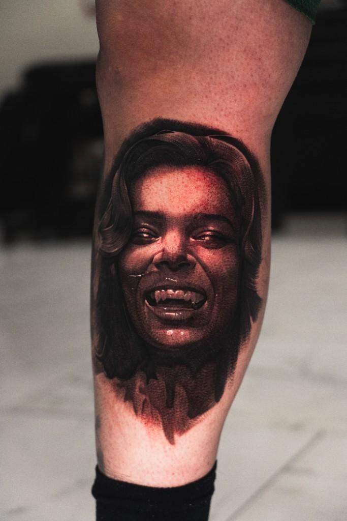 Vampire portrait calf tattoo